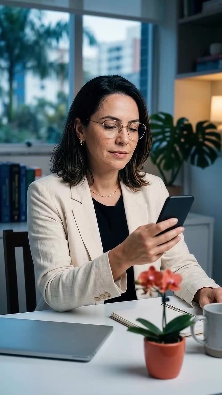 Dona de clínica lendo o link no celular